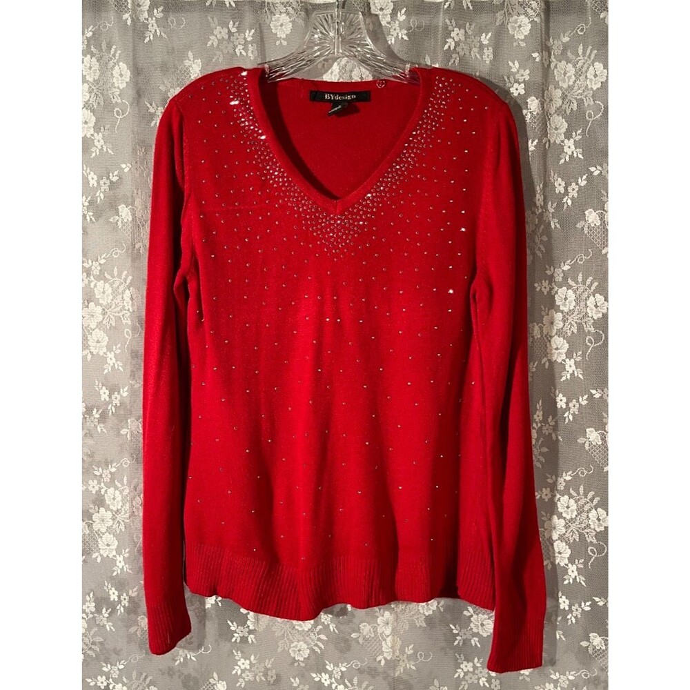 Vintage Y2K Red Rhinestone Sweater Size L Holiday Christmas Party Glam 2000s